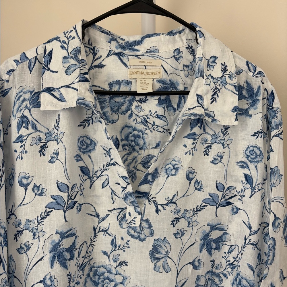 Cynthia Rowley Blue and White Floral Button Down Linen Shirt 3XL - Picture 3 of 7